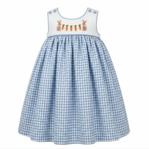 Three Sisters Charming Blue Checkered Kids Dress with Bunny Design Sz 9M